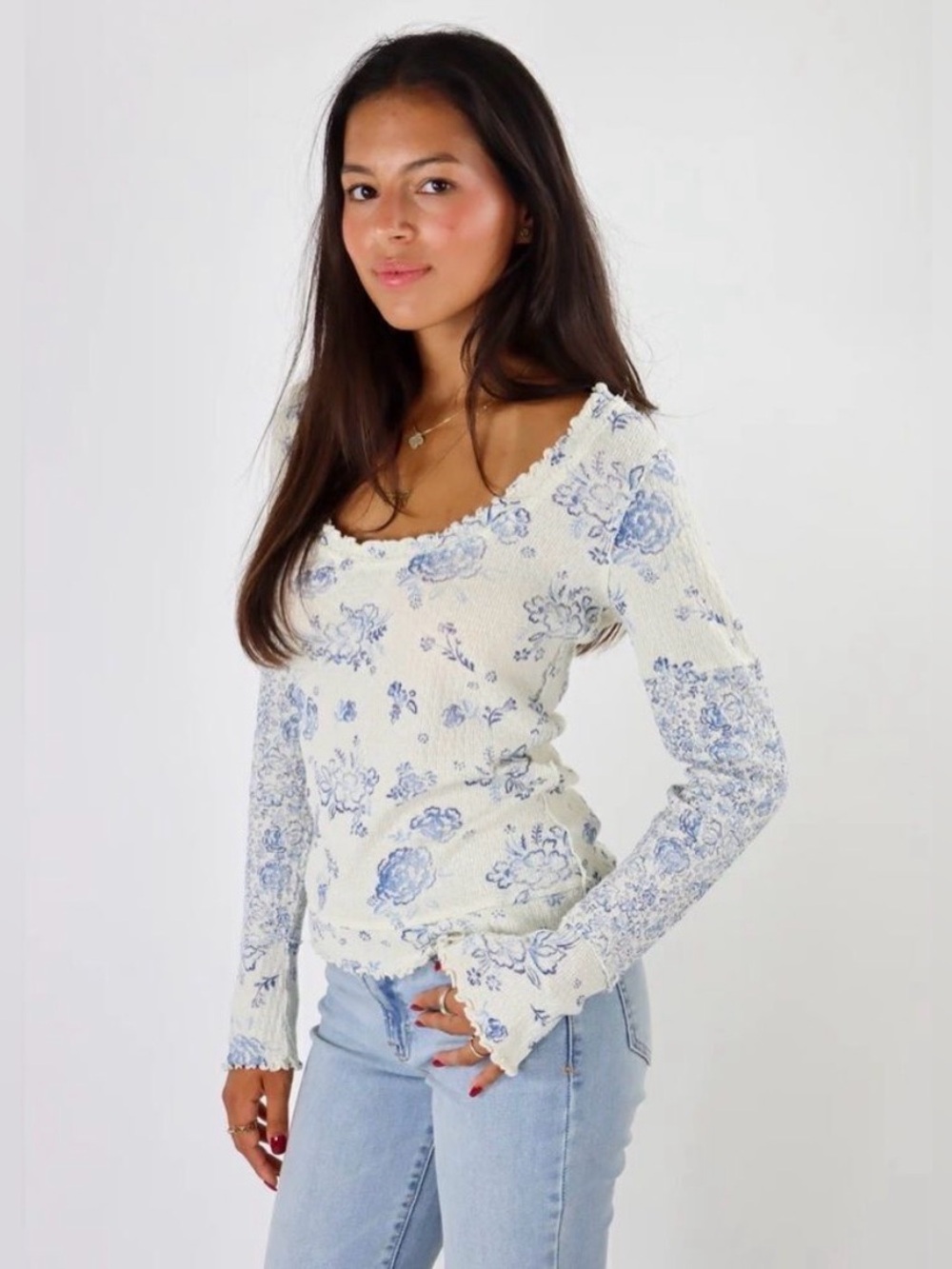 Free People x We The Free Clover Printed Thermal Top in Ivory Combo XS